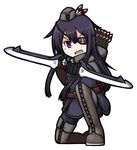  akatsuki_(kantai_collection) archery arrow bangs boots bow_(weapon) cross-laced_footwear dungeons_and_dragons eyebrows_visible_through_hair eyepatch full_body grey_footwear grey_hat grey_legwear hair_between_eyes hat hat_feather highres holding holding_bow_(weapon) holding_weapon kantai_collection lace-up_boots long_hair looking_at_viewer mini_hat one_knee open_mouth purple_eyes purple_hair quiver ranger raythalosm simple_background thigh_boots thighhighs v-shaped_eyebrows very_long_hair wavy_mouth weapon white_background 