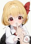  1girl 1other anger_vein ascot biting_another's_finger black_skirt black_vest blonde_hair blush bow collared_shirt commentary_request hair_bow highres long_sleeves medium_hair red_ascot red_bow red_eyes rumia shirt signature skirt spoken_anger_vein touhou translation_request vest white_shirt yuwano_(yuwanoonsen) 