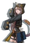  1girl ;d absurdres arknights black_jacket brown_hair brown_shorts brown_tail commentary_request cropped_legs drop_shadow fang flower gold gold_jewelry grey_eyes hand_up highres hood hood_up infection_monitor_(arknights) jacket light_blush long_hair looking_at_viewer o-ring o-ring_thigh_strap one_eye_closed open_mouth pepe_(arknights) short_shorts shorts simple_background skin_fang sleeves_past_fingers sleeves_past_wrists smile solo standing tail tail_ornament tail_raised tail_ring thigh_strap udo_(akn_otk) white_background white_flower 