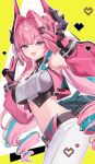  1girl arknights arknights:_endfield artist_name belt black_gloves black_horns blue_eyes breasts commentary crop_top diamond_in_eye double_v dragon_girl dragon_horns dragon_tail drill_hair fang gloves hair_intakes hair_on_horn highres horns large_breasts long_hair looking_at_viewer mashita_(kuzsat) multicolored_gloves multicolored_hair multicolored_horns navel open_mouth pants pink_gloves pink_hair pink_horns pink_sleeves pink_tube_top pixel_art pointy_ears skin_fang smile solo strapless streaked_hair tail tube_top two-sided_gloves two-tone_gloves two-tone_horns v white_pants yvonne_(arknights) 