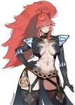  1girl abs absurdres armor artist_name black_shorts black_thighhighs breasts center_opening cleavage commentary criss-cross_straps cropped_jacket diamond_earrings earrings english_commentary gloves hand_on_own_hip head_tilt highres indie_virtual_youtuber jewelry karandrawz large_breasts long_hair long_sleeves muscular muscular_female navel ponytail red_hair short_shorts shorts shoulder_armor standing thighhighs thighs toned very_long_hair virtual_youtuber vshojo waist_cape wide_ponytail yellow_eyes zentreya 