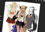  3girls art_program_in_frame black_hair blonde_hair breasts chin_piercing cleavage commentary_request crop_top dark-skinned_female dark_skin dragon_girl dragon_horns dragon_tail face_piercing facial_mark fate/grand_order fate_(series) feet_out_of_frame green_eyes hair_ornament headband highres horns inseong_indaeyo jewelry korean_commentary lip_piercing long_hair looking_at_viewer multicolored_hair multiple_girls nagao_kagetora_(fate) necklace open_mouth orange_eyes orange_hair piercing ponytail quetzalcoatl_(fate) shirt skirt smile stomach_piercing sweater tail turtleneck vritra_(fate) white_background white_hair 