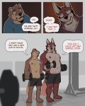 absurd_res alexyz_kun anthro asian_small-clawed_otter athletic_wear barefoot black_body black_facial_hair black_fur black_goatee black_nose bottomwear brown_body brown_fur canid canine canis chase_hunter clothed clothing comic dialogue dumbbell duo echo_(game) echo_(series) echo_project english_text exercise eyebrows facial_hair feet fur goatee gym gym_bottomwear gym_shorts hi_res humor leo_alvarez male mammal mustelid navel nipples otter pun red_body red_fur red_wolf shirt shorts speech_bubble tail tan_body tan_fur text topless topless_anthro topless_male topwear underwear weightlifting weights white_body white_fur wolf workout