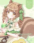  1girl animal_ears blush bow bowtie braid brown_hair closed_mouth commentary commission cup detached_sleeves dot_nose dress drinking_glass drop_shadow frilled_sleeves frills green_background green_bow green_bowtie green_ribbon green_sleeves grid_background hair_intakes hair_ornament hair_ribbon highres holding holding_cup kuzumochi_(hgnon82) long_hair looking_at_viewer melon_soda original outline ribbon short_sleeves signature skeb_commission sleeveless sleeveless_dress solo squirrel_ears squirrel_girl squirrel_tail striped_bow striped_bowtie striped_clothes striped_ribbon tail twin_braids upper_body white_dress white_outline x_hair_ornament yellow_eyes 