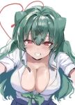  1girl absurdres blush bow bowtie breasts bulbasaur cleavage collarbone collared_shirt commentary_request cone_hair_bun crxwxw green_hair grin gyaru gyaru_bulbasaur hair_between_eyes hair_bun heart heart_tail highres humanization large_breasts looking_at_viewer loose_bowtie partially_unbuttoned personification pleated_skirt pokemon pokemon_(creature) pokemon_pokopia red_eyes school_uniform shirt shirt_tucked_in short_sleeves simple_background skirt smile solo tail white_background white_shirt 