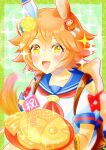 1girl animal_ears bead_bracelet beads blue_sailor_collar blush bracelet chiffon clover_hair_ornament collarbone commentary_request daruma_doll doll_hair_ornament ear_covers flipped_hair food four-leaf_clover_hair_ornament hair_between_eyes hair_ornament highres holding holding_tray horse_ears horse_girl horse_tail jewelry maneki-neko matikanefukukitaru_(rising_fortune)_(umamusume) matikanefukukitaru_(umamusume) neckerchief open_mouth orange_hair red_neckerchief sailor_collar school_uniform serafuku shirt short_hair single_ear_cover smile solo sparkle star-shaped_pupils star_(symbol) symbol-shaped_pupils tail taiyaki tray umamusume wagashi white_shirt 