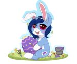 artist_skandikuwu blue_body blue_hair character_unie chibi drawing easter easter_2026 easter_egg equid equine fake_ears fake_rabbit_ears flower hair holidays horn horse long_hair male mammal mythological_creature mythological_equine mythology nature pink_eyes plant pony scut_tail short_tail sitting smile solo tail unicorn unicorn_horn
