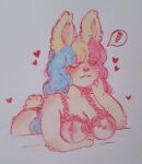 2024 3_fingers anthro areola arm_support arms_bent big_breasts blonde_hair blue_hair blush blush_lines breasts bunny_(suzeart) carrot closed_smile clothed clothed_anthro clothed_female clothing colored colored_line_art colored_pencil_(artwork) ear_tuft english_description eyebrow_through_hair eyebrows eyelashes eyes_closed female female_anthro fingers food fur grey_background hair handpaw hearts_around_body hi_res lagomorph leaning_on_elbow leporid lingerie long_ears long_hair lying mammal mouth_closed multicolored_hair nipples on_front orange_inner_ear paws pink_areola pink_clothing pink_hair pink_lingerie pink_nipples pink_shirt pink_tank_top pink_topwear plant rabbit red_clothing red_line_art red_nose red_underwear scut_tail shaded shirt short_tail simple_background smile solo speech_bubble suzeart tail tank_top topwear traditional_media_(artwork) translucent translucent_clothing translucent_hair translucent_shirt translucent_tank_top translucent_topwear tuft underwear vegetable wavy_hair yellow_body yellow_fur yellow_tail