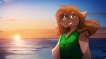  2017 anthro brown_fur brown_hair canine chest_tuft clothed clothing edit female fur grin hair heterochromia hi_res keidran long_hair looking_at_viewer mammal natani petals sea smile solo sun sunset tom_fischbach toony tuft twokinds vest water wolf 