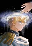  2boys absurdres aqua_eyes basic_learning black_background black_shirt blonde_hair cape collared_shirt commentary_request epaulettes galaxy ginga_eiyuu_densetsu highres male_focus multiple_boys out_of_frame parted_hair parted_lips reinhard_von_lohengramm shirt short_hair siegfried_kircheis space wavy_hair white_cape 