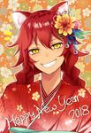  2018 :d animal_ears braid chinese_zodiac commentary english eyebrows_visible_through_hair floral_background floral_print flower grin hair_between_eyes hair_ornament happy_new_year head_tilt japanese_clothes jing_hu kimono long_hair lupusregina_beta new_year obi open_mouth overlord_(maruyama) red_hair red_kimono sash smile solo twin_braids upper_body wolf_ears year_of_the_dog yellow_eyes yellow_flower 