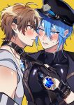  2boys absurdres alternate_hair_length_(shorter) animal_collar black_collar black_gloves black_hat black_shirt blue_eyes blue_gem blue_hair blush brown_eyes brown_hair clothes_grab collar collar_grab covered_collarbone covered_pectorals crystal_necklace edmond_(nu_carnival) eiden_(nu_carnival) gem glint gloves grey_shirt hair_between_eyes hat highres looking_at_another multiple_boys neckwear_grab nu_417 nu_carnival official_alternate_costume official_alternate_hairstyle parted_lips pectorals police_hat profile shiny_clothes shirt short_hair simple_background skin_tight sleeveless sleeveless_shirt sweatdrop turtleneck turtleneck_shirt v-shaped_eyebrows wide-eyed wrist_belt yaoi yellow_background 