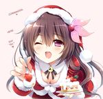  10s 1girl ;o bangs bent_over black_ribbon breasts brown_hair cake christmas cleavage crescent downblouse dress eyebrows_visible_through_hair eyelashes fingernails food fork fruit fur_trim hair_between_eyes hair_ornament hard_translated hat heart holding holding_fork holding_plate kantai_collection kisaragi_(kantai_collection) long_hair long_sleeves looking_at_viewer neck_ribbon one_eye_closed open_mouth plate pom_pom_(clothes) pov_feeding purple_eyes red_dress red_hat ribbon santa_costume santa_hat shiny shiny_hair simple_background small_breasts solo sparkle strawberry suzui_narumi translated 