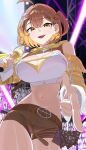  1girl :d absurdres ahoge anis_(nikke) anis_(star)_(nikke) bare_shoulders belt blush breasts brown_belt brown_eyes brown_hair brown_shorts cleavage commentary cowboy_shot gangjeong glowstick goddess_of_victory:_nikke hair_between_eyes hair_ornament highres holding holding_microphone idol large_breasts looking_at_viewer microphone midriff navel one_side_up penlight_(glowstick) pointing pointing_at_viewer short_shorts shorts shrug_(clothing) smile solo stage standing star-shaped_pupils star_(symbol) symbol-shaped_pupils teeth upper_teeth_only 