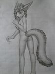  2017 anthro athletic bare_shoulders big_breasts big_butt black_and_white breasts butt canine claws cute drawing eyelashes female fox full_size fur hair invalid_tag lightcorelt long_hair long_tail looking_at_viewer looking_back mammal monochrome nipples nude pose presenting rear_view short_hair side_boob simple_background slim smile solo standing thick_thighs white_background white_fur young 