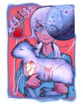  1girl aged_down animal baby_animal bleeding bleeding_animal blood child commentary english_commentary heart highres hospital_gown intravenous_drip kirifuji_nozomi lamb nervous_sweating nozotakkun petri_dish purple_eyes realistic_heart sheep smile sweat sweatdrop the_hundred_line_-last_defense_academy- white_background white_hair 
