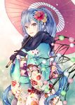  black_gloves blue_hair commentary_request flower gloves hair_flower hair_ornament hatsune_miku japanese_clothes kimono long_hair oriental_umbrella shiomizu_(swat) solo twintails umbrella very_long_hair vocaloid 