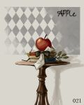  apple apple_(reverse:1999) argyle_background black_bow black_bowtie book book_stack bow bowtie branch character_signature food fragrance_(freakyduck9000) fruit grey_background highres leaf no_humans object_focus reverse:1999 round_table shadow still_life table traditional_bowtie 