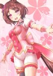  1girl animal_ears ascot blush breasts brown_hair commentary_request flower_in_eye hair_ornament highres horse_ears horse_girl horse_tail looking_at_viewer medium_breasts musan_(mu34mi) open_mouth pink_ascot pink_eyes pink_vest puffy_short_sleeves puffy_sleeves purple_eyes sakura_laurel_(saisir_le_reve)_(umamusume) sakura_laurel_(umamusume) shirt short_hair short_sleeves shorts smile solo symbol_in_eye tail teeth umamusume upper_teeth_only vest white_shorts 