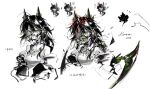  1girl arknights bare_shoulders black_hair character_name chibi chinese_commentary chinese_text colored_tongue commentary_request glint green_eyes green_tongue hair_between_eyes hewu639356 highres looking_at_viewer mon3tr_(arknights) mon3tr_(summon)_(arknights) multiple_views open_mouth partially_colored sharp_teeth simple_background solo teeth translation_request white_background 