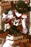  5girls adjusting_clothes adjusting_headwear afterglow_(bang_dream!) aoba_moca aqua_eyes bang_dream! bang_dream!_girls_band_party! belt black_corset black_hat blue_eyes braid brown_gloves bullet_hole character_name chi-squared commentary corset cowboy_hat cowboy_western dated english_commentary gloves grin happy_birthday hat hazawa_tsugumi highres jacket jewelry long_hair looking_at_viewer mini_person minigirl mitake_ran multiple_girls necklace official_alternate_costume one_eye_closed pink_hair red_hair red_jacket shirt shorts sleeveless sleeveless_jacket smile solo_focus swept_bangs thigh_belt thigh_strap thighhighs udagawa_tomoe uehara_himari vest white_shirt white_thighhighs 