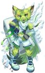  1girl animal_ears boots carol_tea cat_ears cat_girl cat_tail chinese_knot fingerless_gloves freedom_planet freedom_planet_2 furry furry_female game_console gloves green_eyes green_fur highres murenka_k scarf sharp_teeth shorts striped_fur tail teeth white_boots white_scarf white_shorts xbox_logo xbox_series_x 