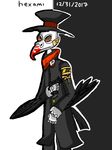  2017 avian black_and_white_background blood clothed clothing hexami humanoid male plague_doctor standing weapon winged_arms wings 