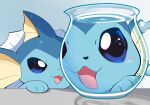  absurdres animal_focus blue_eyes blush commentary fins fishbowl head_fins highres komanychi no_humans open_mouth pokemon pokemon_(creature) pokemon_focus smile untranslatable_commentary vaporeon water 