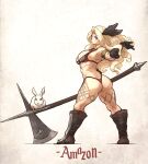  1girl abs absurdres amazon_(dragon's_crown) amazon_warrior armlet armor ass axe bikini_armor blonde_hair blue_eyes boots breasts commentary curvy dragon's_crown english_commentary english_text feather_hair_ornament feathers gloves hair_ornament highres huge_ass ironlily jewelry large_breasts long_hair looking_at_viewer looking_back muscular muscular_female rabbit simple_background solo tattoo thong white_background 
