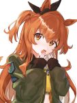  1girl animal_ears blush bomber_jacket bow breasts brown_ribbon coi_uota crop_top dog_tags ear_bow ear_ribbon gasp green_jacket hands_up highres horse_ears horse_girl jacket long_hair long_sleeves looking_at_viewer mayano_top_gun_(scramble_zone)_(umamusume) mayano_top_gun_(umamusume) open_clothes open_jacket open_mouth orange_eyes orange_hair ribbon shirt sleeves_past_wrists small_breasts solo teeth two_side_up umamusume upper_body upper_teeth_only yellow_shirt 