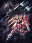  absurdres artist_request beam_cannon beam_rifle earth_federation energy_gun galaxy gundam gundam_unicorn highres mecha mecha_focus milky_way mobile_suit nahel_argama nebula no_humans painting_(medium) realistic robot scan science_fiction shield space spacecraft star_(sky) thrusters traditional_media unicorn_gundam v-fin watercolor_(medium) weapon zero_gravity 