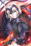  armor blonde_hair breasts cape fate/grand_order fate_(series) flag fur_trim gauntlets grin helmet highres jeanne_d'arc_(alter)_(fate) jeanne_d'arc_(fate)_(all) large_breasts looking_at_viewer shimeno_puni smile solo sword teeth weapon yellow_eyes 