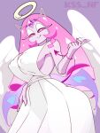  big_breasts breasts clothed clothing cookie_(cookie_run) cookie_run dress eternal_sugar_cookie eyelashes feathered_wings feathers female front_view hair halo hi_res humanoid kss_nf licking licking_lips licking_own_lips long_hair looking_at_viewer nipple_outline pink_hair pink_sclera pink_tail purple_background side_boob simple_background smile solo spade_tail tail tailed_humanoid tongue tongue_out white_body white_clothing white_dress white_eyes white_eyeshadow white_feathers wide_hips winged_humanoid wings 