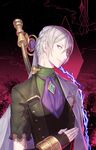  amatari_sukuzakki artist_name bow bow_(weapon) electricity fingerless_gloves fire_emblem fire_emblem_heroes fire_emblem_if gloves grey_hair highres joker_(fire_emblem_if) low_ponytail male_focus purple_eyes scar solo upper_body weapon 