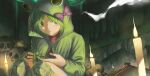  1boy 1girl absurdres animal_hood black_souls bow commentary frog frog_hood frog_princess_(black_souls) green_eyes green_hair green_hoodie grimm_(black_souls) highres hood hoodie lhunterz licking licking_lips looking_at_viewer parted_bangs purple_bow scull sitting tongue tongue_out 