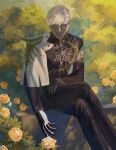  1boy black_gloves black_jacket black_pants blue_eyes bush capelet closed_mouth colored_skin commentary_request crossed_legs day earrings facial_mark fate/grand_order fate_(series) feet_out_of_frame flower gloves grey_skin highres indra_(fate) jacket jewelry kansoku_(shiki212121) lightning_bolt_facial_mark lightning_bolt_symbol long_sleeves looking_at_flowers looking_down male_focus orange_flower orange_rose outdoors pants rose short_hair side_capelet single_earring sitting solo turtleneck turtleneck_jacket white_capelet white_hair 