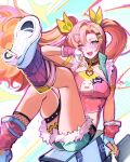  1girl :d arm_warmers breasts commentary denim denim_shorts denim_vest evuu fingerless_gloves fishnet_shorts fishnet_socks fishnets fur-trimmed_vest fur_trim ghost_print gloves gold_collar green_eyes hair_ribbon highres jacket large_breasts leg_warmers long_hair looking_at_viewer mole mole_under_eye nicole_demara nicole_demara_(cunning_cutie) one_eye_closed open_mouth pink_arm_warmers pink_hair pink_leg_warmers pink_tube_top ribbon shorts sitting smile socks solo strapless tube_top vest yellow_ribbon zenless_zone_zero 