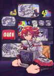  1girl abstract_background ahoge akita_neru baguette blush boots bow bread buttons commentary crt double-breasted double-parted_bangs double_v drill_hair english_commentary fingerless_gloves food gloves grey_jacket grey_skirt hair_bow hatsune_miku highres jacket kasane_teto kasane_teto_(sv) lace-up_boots layered_skirt looking_to_the_side mesmerizer_(vocaloid) pearto red_eyes red_hair red_trim sherbovania shoulder_belt shoulder_boards sitting skirt sleeves_past_fingers sleeves_past_wrists smile solo sunglasses synthesizer_v television triple_baka_(vocaloid) twin_drills utau v wariza white_bow 