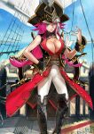  1girl bandana_around_arm black_boots black_hat black_vest blue_eyes blue_sky boots breasts brown_collar cleavage closed_mouth coat collar day fate/grand_order fate_(series) feet_out_of_frame francis_drake_(fate) game_cg hand_on_own_hip hat headband horizon lapels large_breasts long_hair looking_at_viewer official_art on_ship open_clothes open_vest outdoors pants pink_hair pirate_costume pirate_hat plunging_neckline red_coat revision scar scar_on_face ship's_wheel sky sleeveless sleeveless_coat smile solo standing third-party_source variant_set very_long_hair vest wada_arco white_headband white_pants wrist_cuffs 