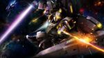  absurdres alternate_form asteroid beam_cannon beam_rifle copyright_notice damaged debris earth_federation energy_beam energy_gun energy_sword gundam gundam_battle_operation_2 gundam_unicorn highres lens_flare mecha mecha_focus mobile_suit nebula no_humans official_art painting_(medium) promotional_art realistic rezel rezel_type-c_(defenser_b-unit) robot scan science_fiction shield space spacecraft star_(sky) starfighter sunrise_(company) sword tenjin_hidetaka thrusters traditional_media weapon yellow_visor zero_gravity 