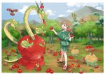  1girl absurdres alternate_color apple apple_tree appletun applin blue_sky border breasts closed_mouth cloud commentary_request day dipplin evolutionary_line festival_jinbei flapple food fruit full_body glassy0302 green_shirt green_shorts highres holding holding_food holding_fruit hydrapple japanese_clothes jinbei_(clothes) kuraishi_ringo_(glassy0302) large_breasts on_shoulder open_mouth original outdoors pokemon pokemon_(creature) pokemon_on_shoulder pokemon_scarlet_and_violet shiny_and_normal shiny_pokemon shirt shorts signature sky smile standing sweet_apple_(pokemon) syrupy_apple_(pokemon) tart_apple_(pokemon) tongue tongue_out tree twitter_username white_border 