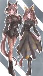  2girls absurdres animal_ears belt black_belt black_boots black_jacket black_pantyhose black_shirt black_skirt blush boots braid braided_hair_rings breasts brown_hair buena_vista_(umamusume) checkered_hairband commentary_request ear_covers ear_ornament fishnet_pantyhose fishnets gentildonna_(umamusume) hair_between_eyes hair_ornament hair_rings hairband heart-shaped_ornament heart_ear_ornament highres horse_ears horse_girl horse_tail jacket large_breasts long_hair looking_at_viewer medium_breasts multiple_girls official_alternate_costume open_clothes open_jacket open_mouth pantyhose purple_eyes red_eyes see-through_cleavage see-through_clothes shirt skirt smile tail tananero umamusume 