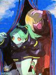  2girls artificial_eye cat colored_sclera cyberpunk:_edgerunners cyberpunk_(series) gun highres holding holding_gun holding_weapon kiwi_(cyberpunk) l1m3candy mechanical_eyes monowire multiple_girls rebecca_(cyberpunk) red_pupils red_sclera weapon 