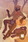  anthro chaps claws clothed clothing diesel_wiesel food fruit gloves_(marking) hay hindpaw looking_at_viewer male mammal markings marten mask_(marking) mustelid neckerchief paws pumpkin sitting solo toe_claws topless yellow_eyes 