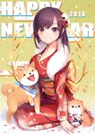  2018 :d ball bangs blush breasts chinese_zodiac commentary_request dog english eyebrows_visible_through_hair floral_print flower flower_request from_side fur_trim grin hair_flower hair_ornament happy_new_year japanese_clothes kimono kyuri_tizu large_breasts long_hair long_sleeves looking_at_viewer new_year obi open_mouth original purple_eyes purple_hair red_kimono sash seiza sitting smile temari_ball year_of_the_dog 