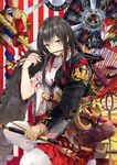  akagi_(kantai_collection) archery arrow arrow_in_mouth black_hair bow_(weapon) commentary_request engine gloves highres igote japanese_clothes kantai_collection katana long_hair looking_at_viewer mouth_hold neko_(yanshoujie) new_year propeller red_skirt rope skirt solo sword weapon yellow_eyes 