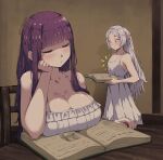  2girls blunt_bangs book breasts chair cleavage elf fern_(sousou_no_frieren) frieren grey_hair holding holding_book huge_breasts indoors jk_arts long_hair multiple_girls nightgown no_sclera pointy_ears purple_hair sleeping sousou_no_frieren table white_nightgown 