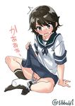  bangs black_eyes blue_skirt blush brown_hair brown_legwear censored ebifurya eyebrows_visible_through_hair full_body highres kantai_collection lifted_by_self looking_down miyuki_(kantai_collection) no_shoes open_mouth panties panty_pull pleated_skirt pubic_hair pubic_hair_peek pulled_by_another school_uniform serafuku short_hair short_sleeves simple_background sitting skirt skirt_lift socks solo_focus sweat twitter_username underwear white_background white_panties 