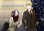  1girl arm_grab backpack bag blonde_hair blue_eyes eye_contact formal glasses hand_in_pocket happy_birthday hetero looking_at_another medium_hair morioka_moriko netojuu_no_susume open_mouth plaid plaid_scarf purple_eyes purple_hair red_neckwear sakurai_yuuta scarf standing suit tancoarc 