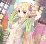  arms_behind_head arms_up backlighting bangs blinds blonde_hair blurry blush breasts cleavage closed_mouth collarbone day depth_of_field drill_hair dutch_angle floral_print flower green_kimono groin hair_flower hair_ornament hair_tie hair_tie_in_mouth indoors japanese_clothes kimono long_sleeves looking_at_viewer medium_breasts mouth_hold navel open_clothes open_kimono original out-of-frame_censoring pink_eyes print_kimono shiny shiny_hair sidelocks sliding_doors smile solo stomach tied_hair tying_hair wanruo_jifeng wide_sleeves 
